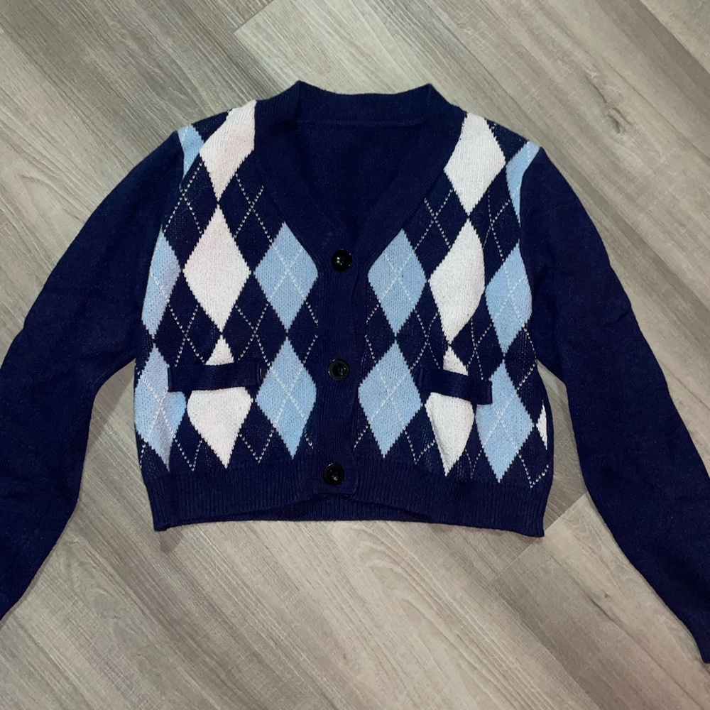 Navy blue argyle cardigan